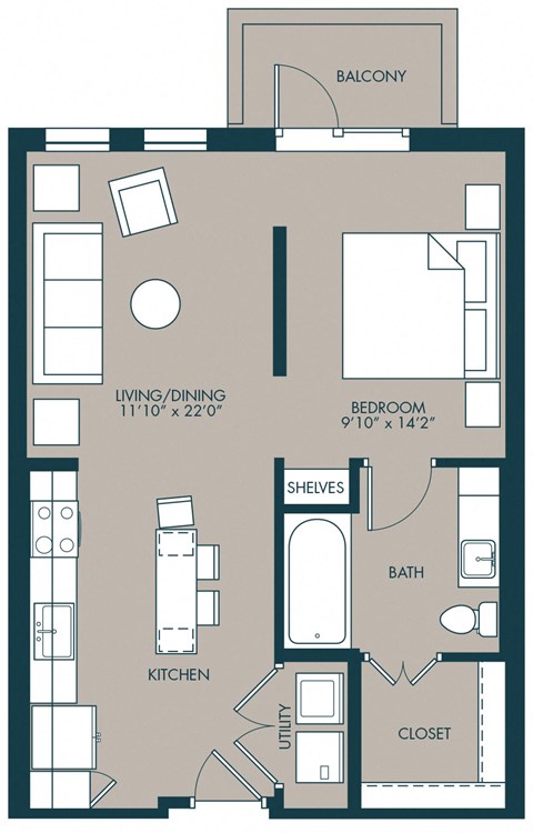 A studio floorplan with 658 SF at McKinney Village, Texas, 75069